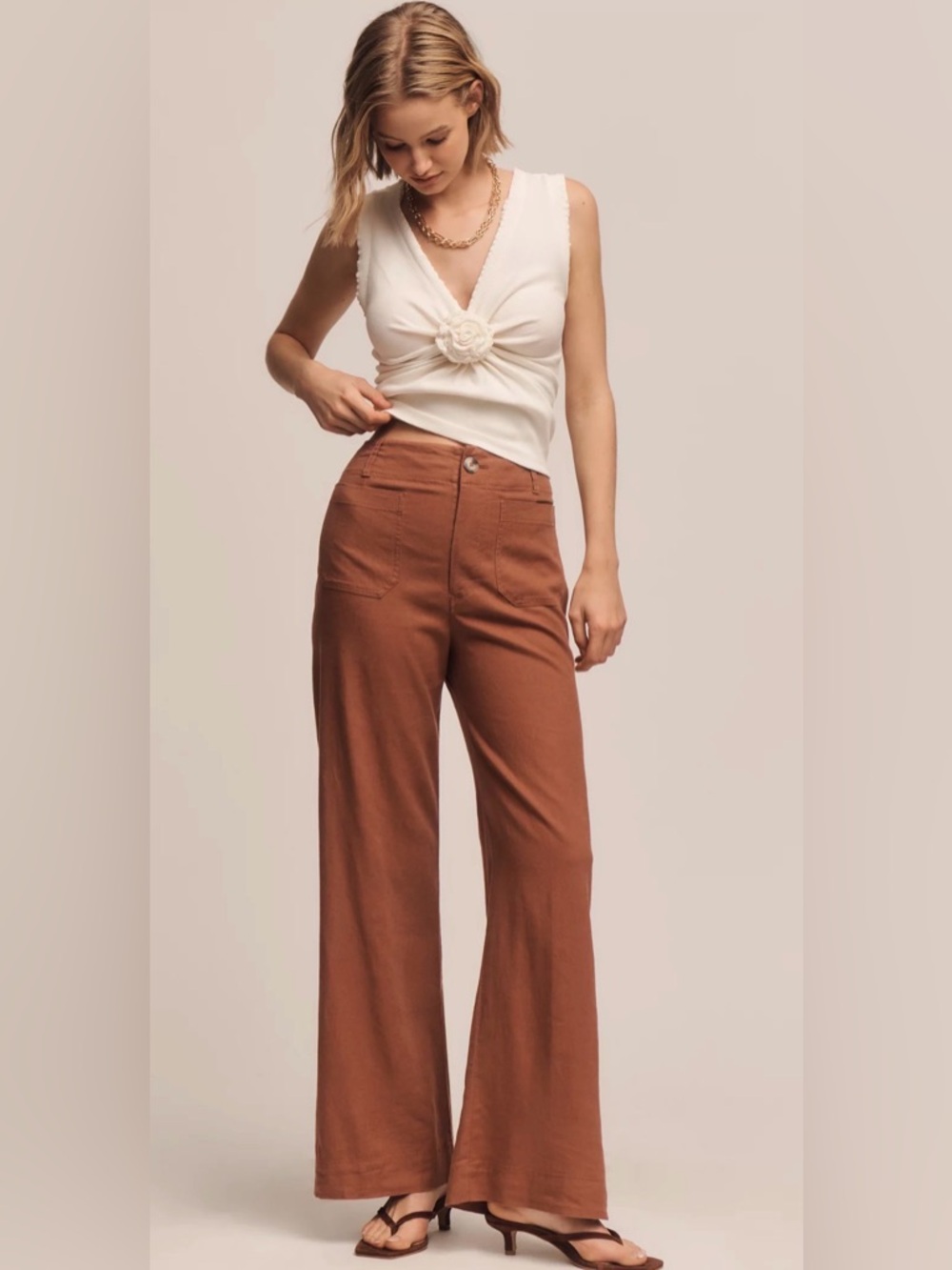 Anthropologie Maeve The Colette Linen Stretch High Rise Wide Leg Pant Cognac 33T